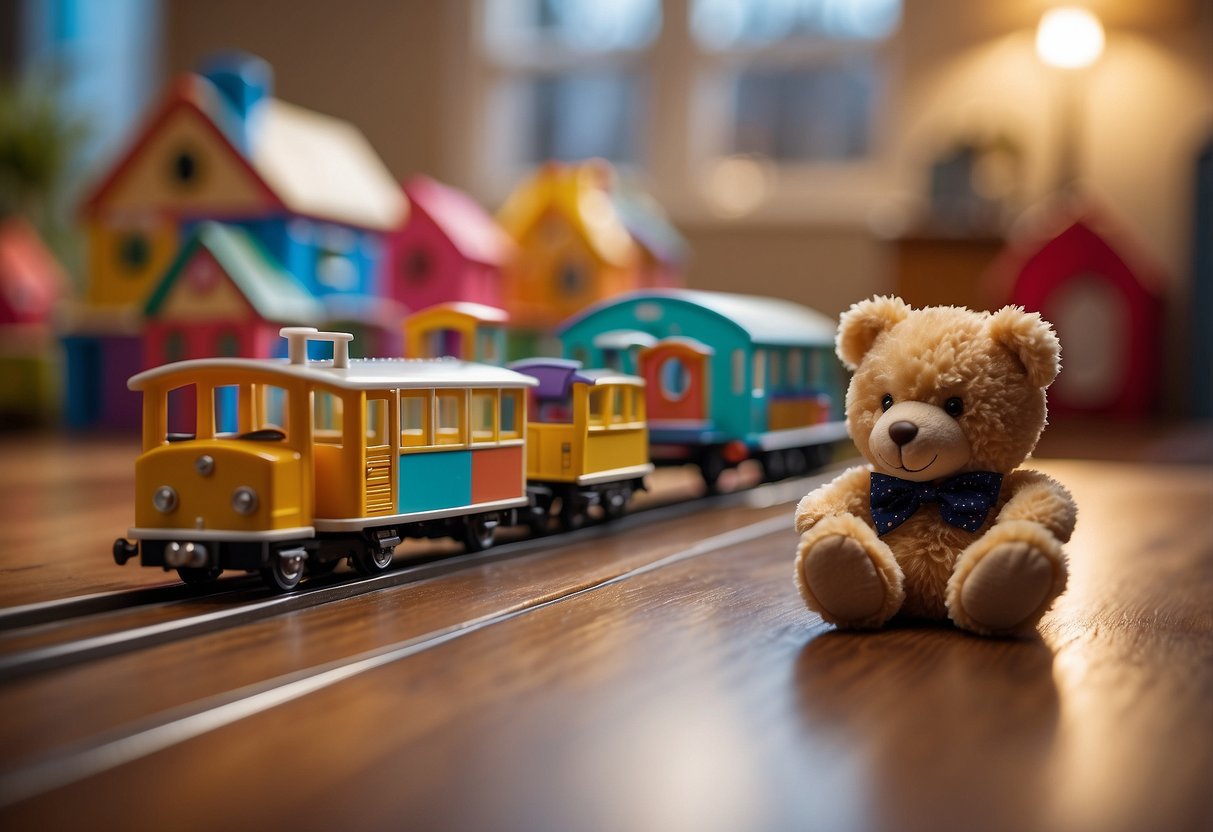 Colorful toys scattered on the floor, a teddy bear, a train set, and a dollhouse in the background