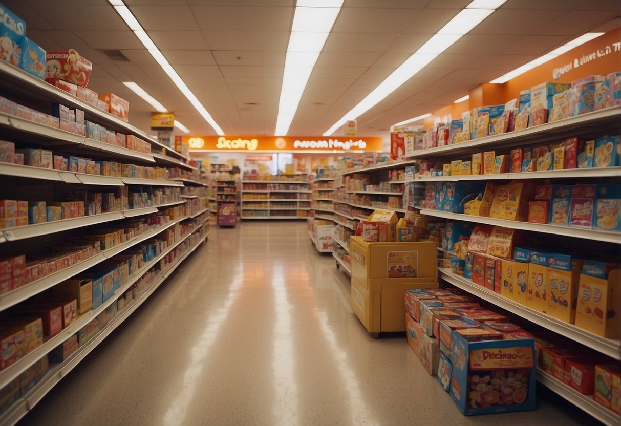 A brightly lit store aisle with shelves stocked with a variety of toys, labeled "Shopping Convenience and Services target toys" prominently displayed