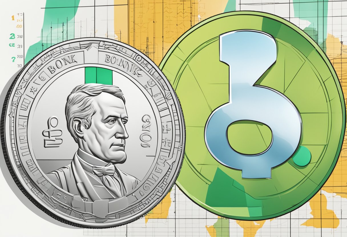 A large coin with "Bonk" written on it, surrounded by financial charts and graphs, with a question mark hovering above it
