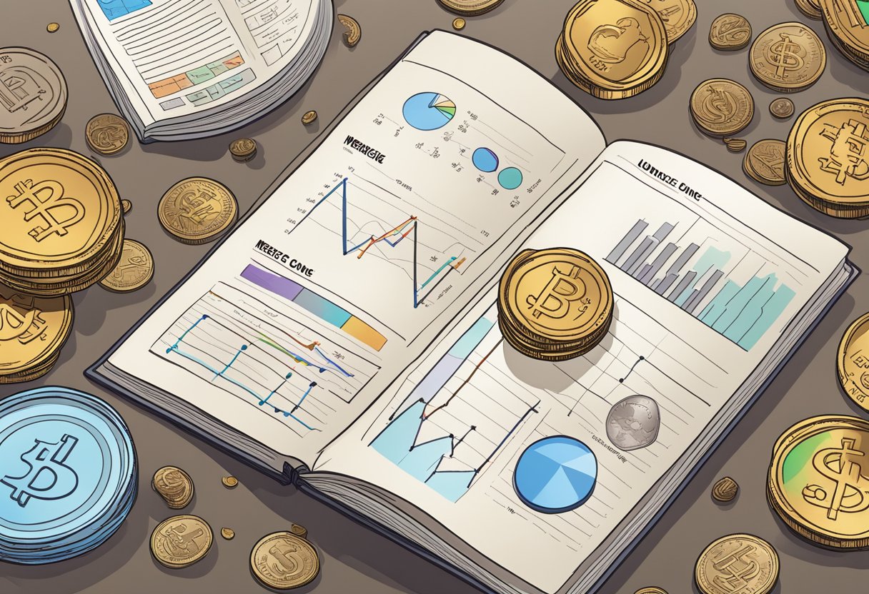 A book titled "Understanding Meme Coins" lies open on a desk, with charts and graphs depicting meme coin prices scattered around it