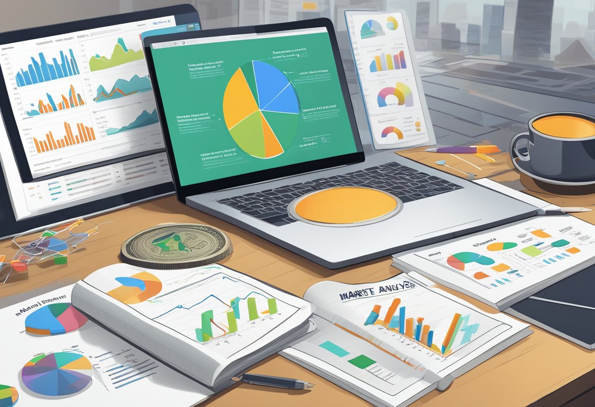 A book titled "Market Analysis of Meme Coin Price" sits open on a desk, surrounded by charts and graphs, with a laptop and pen nearby