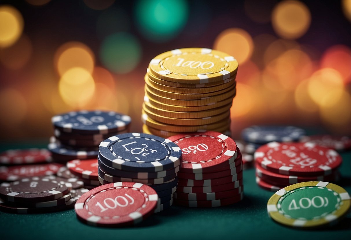 A stack of colorful casino chips with the words "100 free chips" and "lucky red" on a promotional banner
