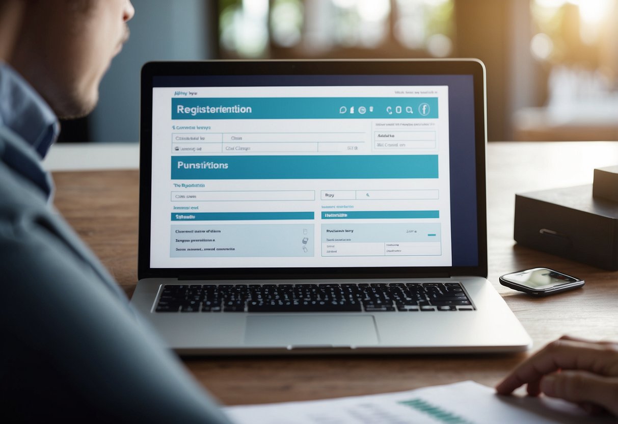 A person fills out a registration form online. They submit personal documents for KYC verification. A digital interface displays transaction fees