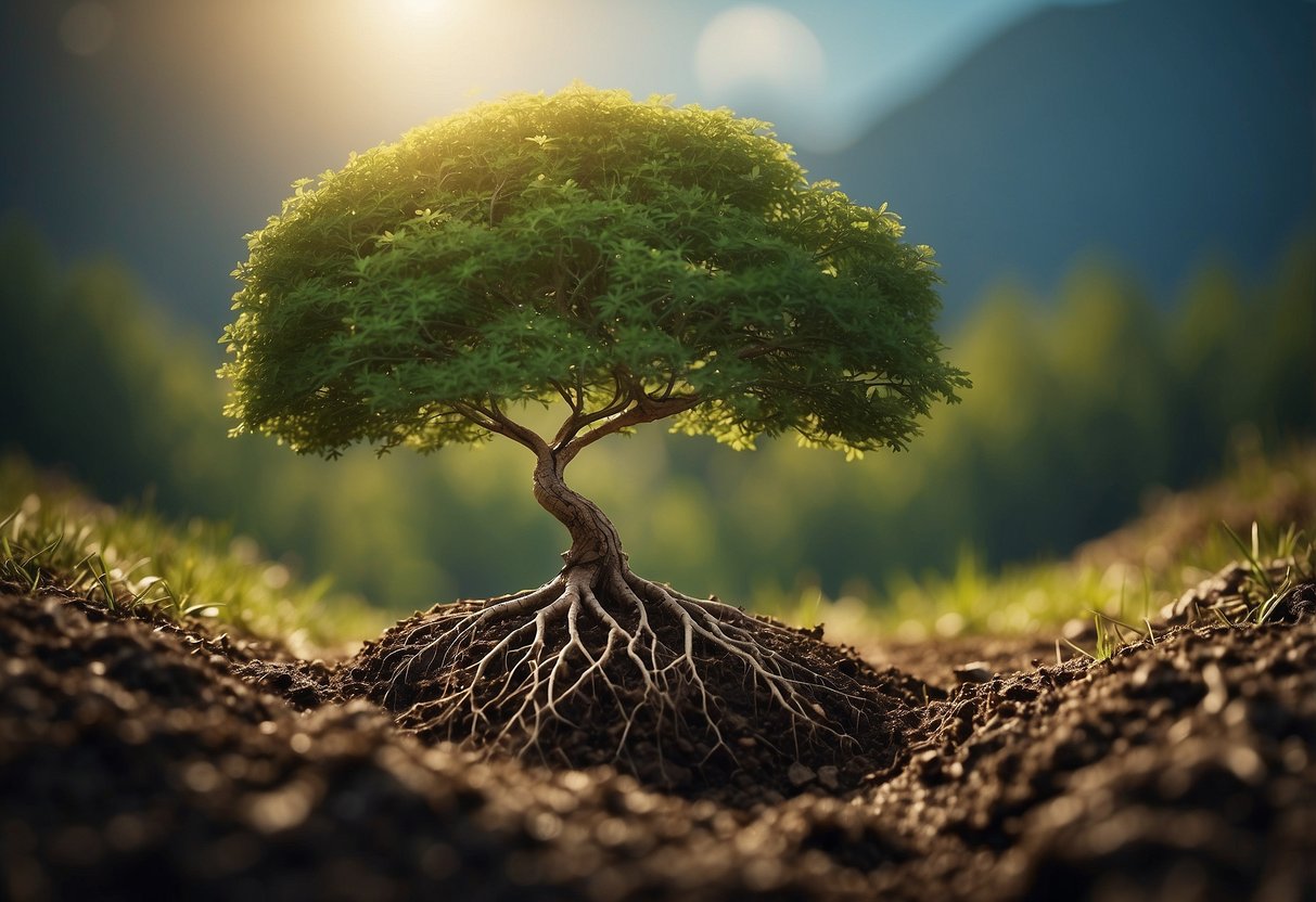 A tree grows from a small seed, its roots reaching deep into the earth as its branches stretch towards the sky. Over time, it matures, showcasing the passage of seasons through its changing foliage