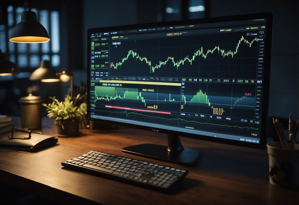 A computer screen displaying Bitstamp's interface with trading charts and order options. The room is dimly lit with a single desk lamp