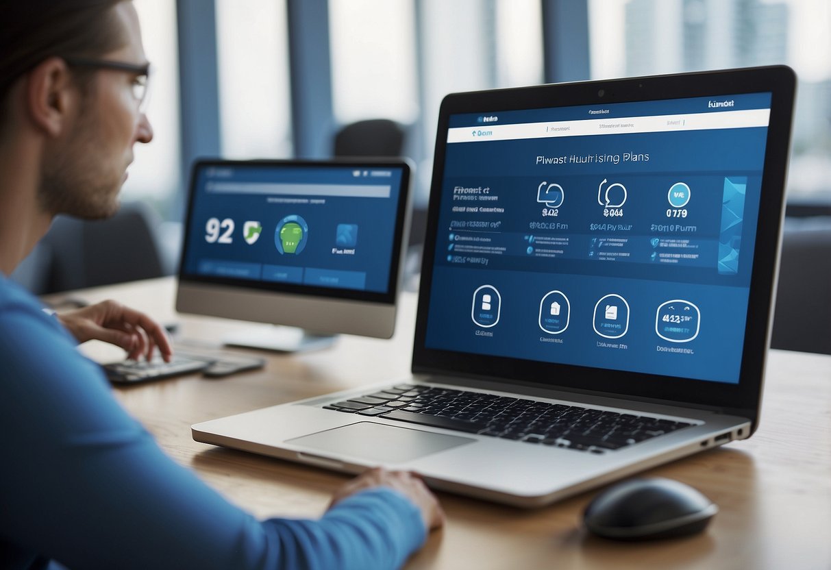 A computer screen displaying various Bluehost hosting plans with a promotional offer. Icons and text highlight features and pricing