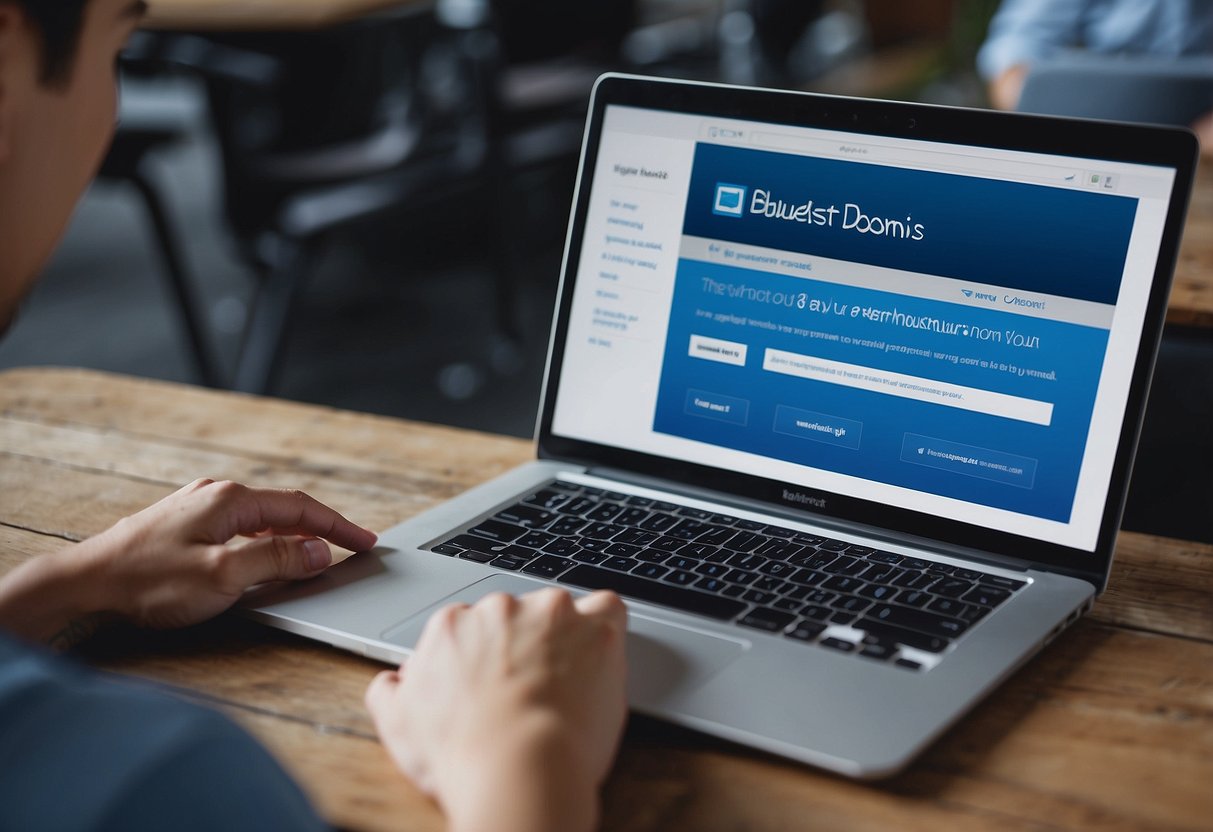 A person typing on a laptop, with the Bluehost website open, clicking on the "Register Domain" button. A promo code is visible in the corner