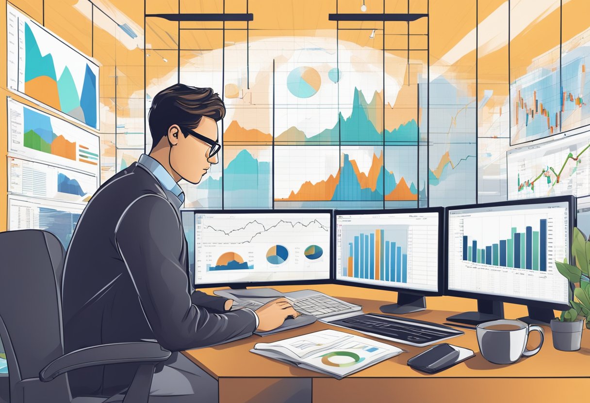 An investor studying stock market trends on fintechzoom, surrounded by financial charts and graphs