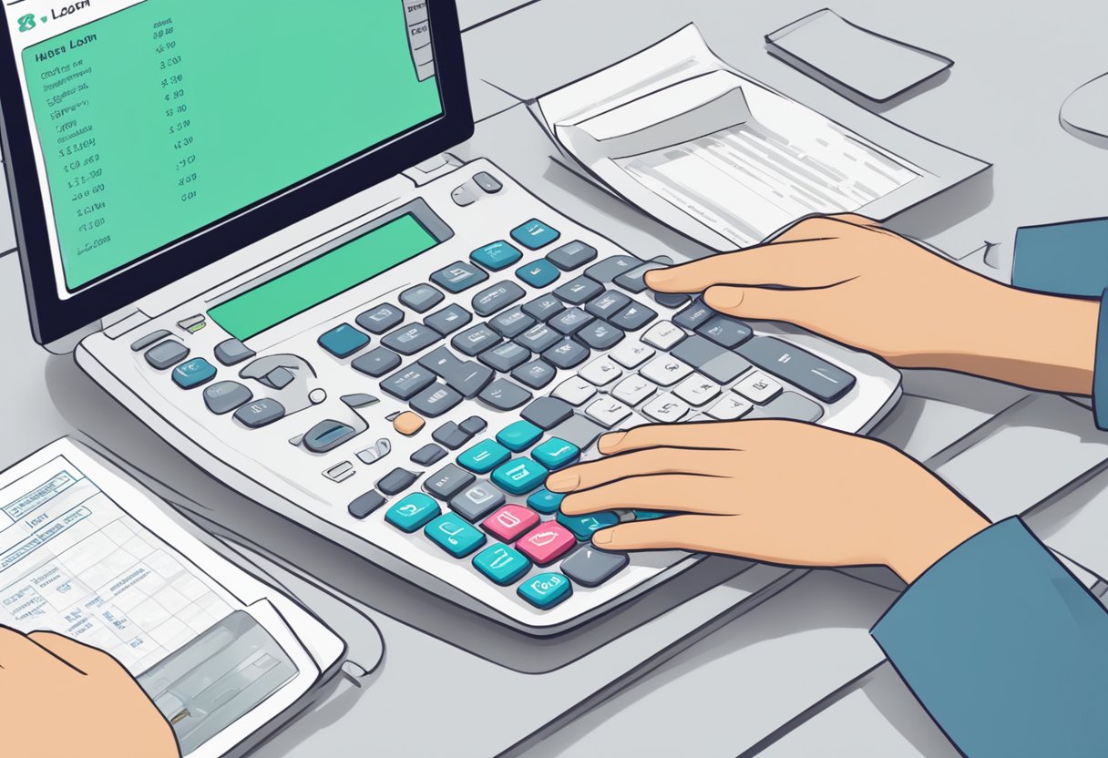 A hand navigates Fintechzoom's Loan Calculator on a computer screen, entering data and adjusting sliders to calculate loan options