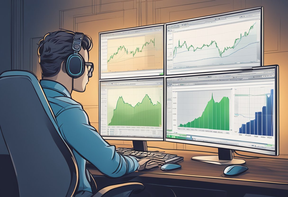 A computer screen displays a stock chart for NVDA. A hand hovers over a mouse, ready to click. The room is dimly lit, with a sense of anticipation in the air