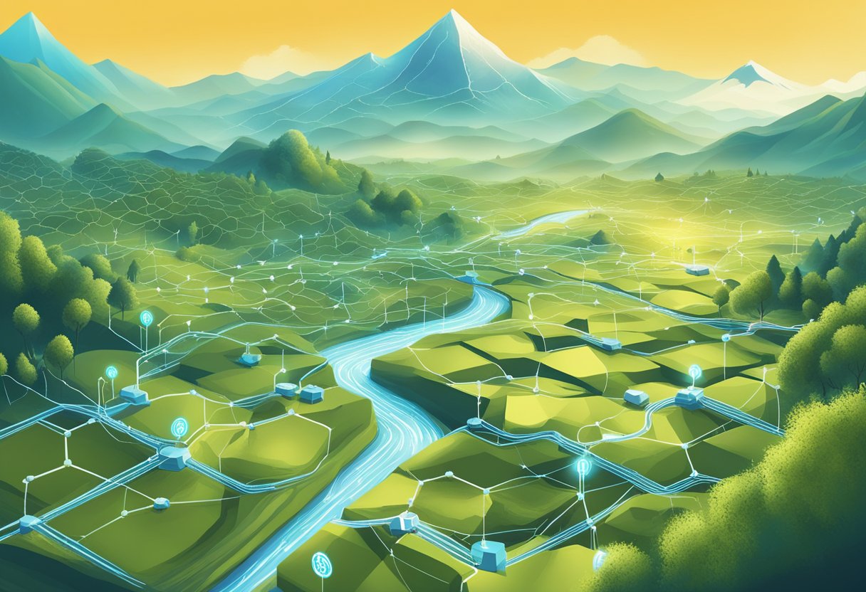 A digital landscape with a prominent Bitcoin symbol and interconnected blockchain nodes, representing the technology's impact on the fintech industry
