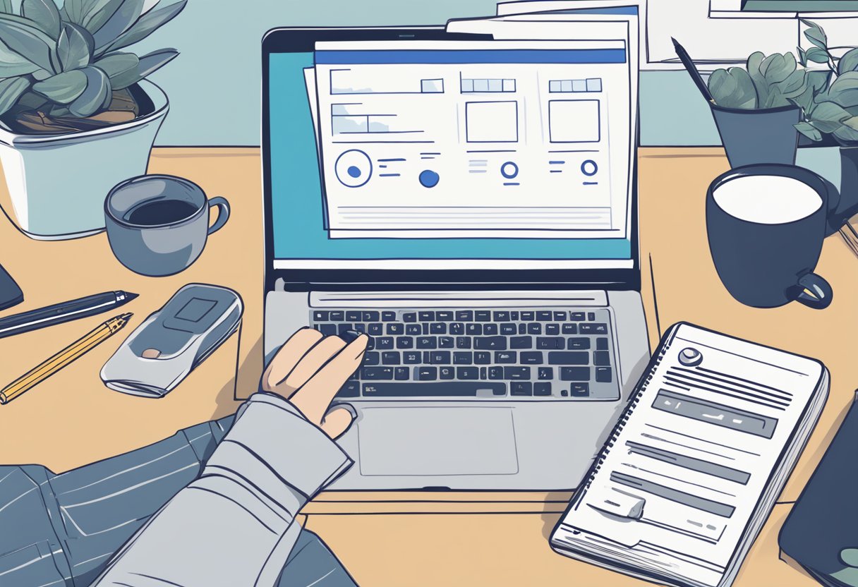 A person using a laptop to explore fintechzoom's simple mortgage calculator on a desk with a cup of coffee and a pen