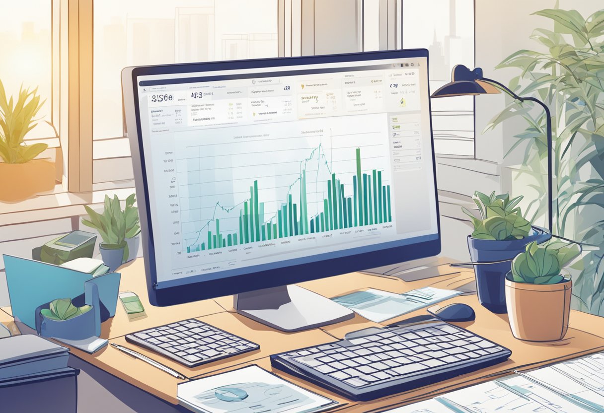 A desk with a computer displaying "Investment Insights and Strategies" by fintechzoom, surrounded by stock charts and financial data