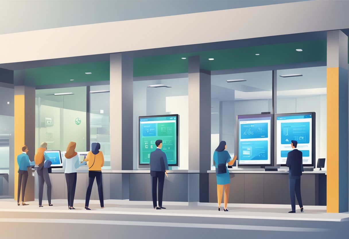 A modern bank branch with digital screens and customers using mobile banking apps