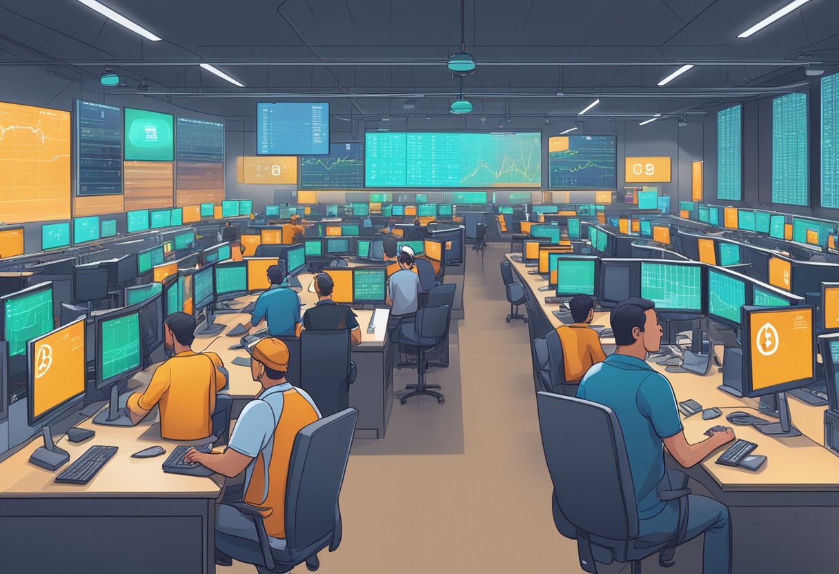 A bustling cryptocurrency exchange floor with traders, screens, and flashing numbers