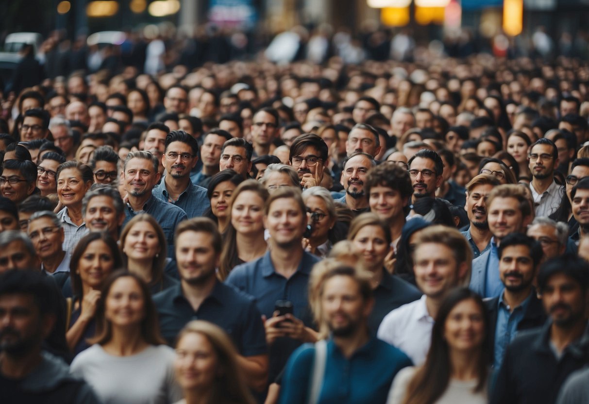 A crowd of people eagerly participating in the Toncoin token public sale, with tokens being exchanged and transactions taking place