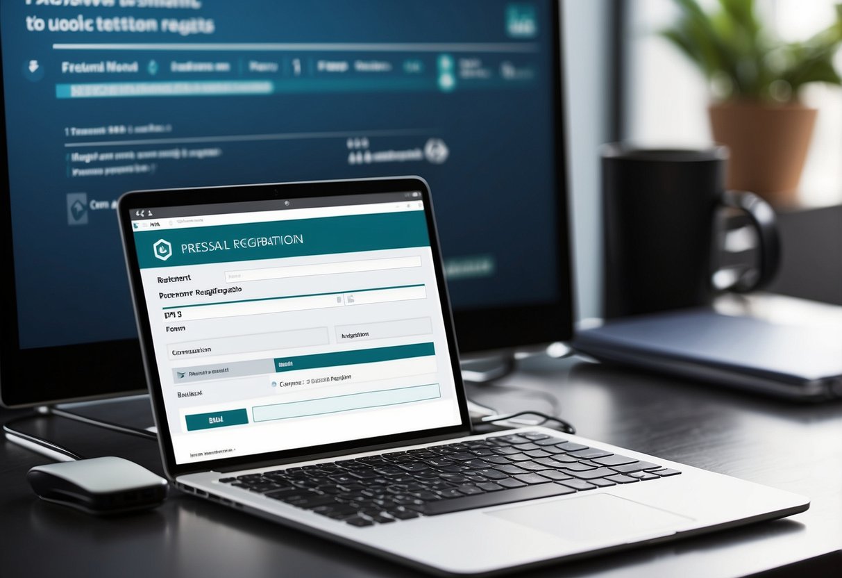 A computer screen displaying TON token presale registration form with a cursor hovering over the "submit" button. A pen and notepad with registration details sits nearby
