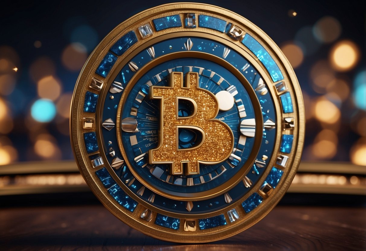 A glowing digital casino logo with cryptocurrency symbols, surrounded by sparkles and a sense of exclusivity