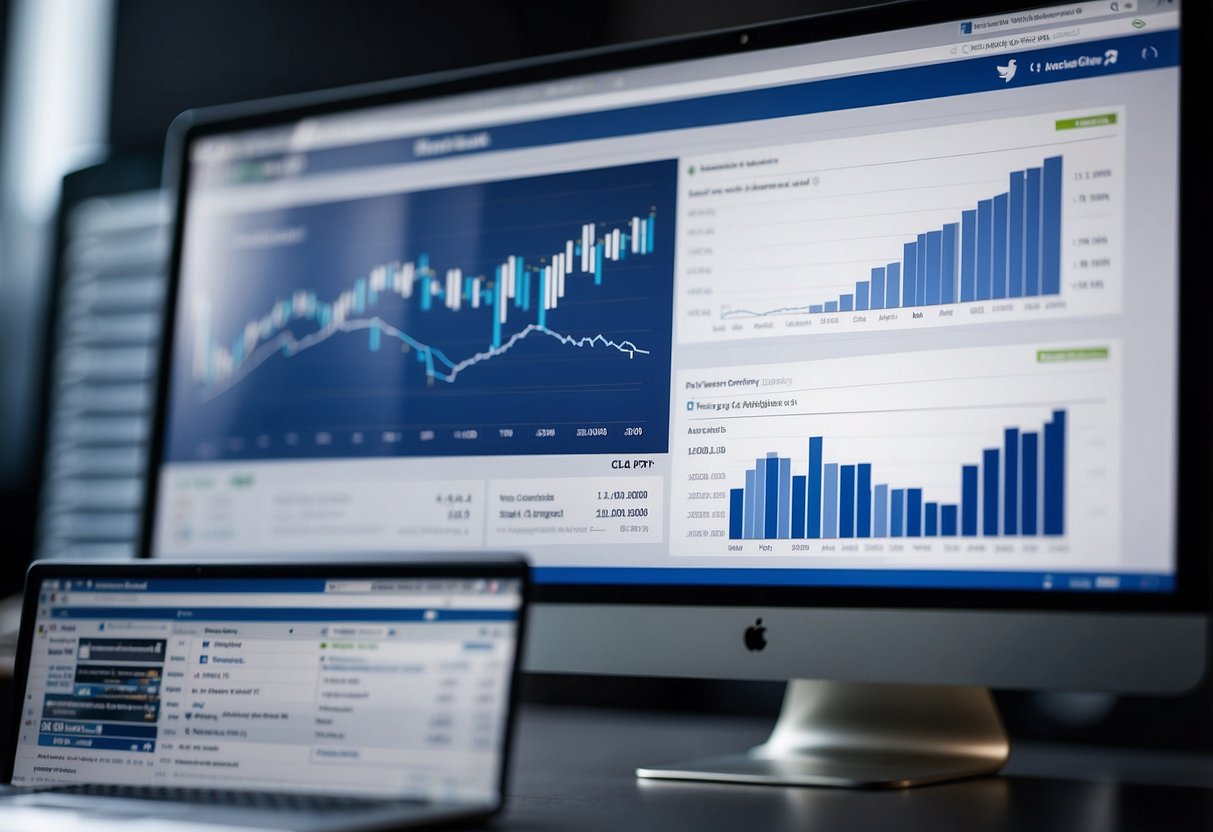 Facebook's financial chart shows steady growth, with the stock price rising. The graph displays positive performance over time