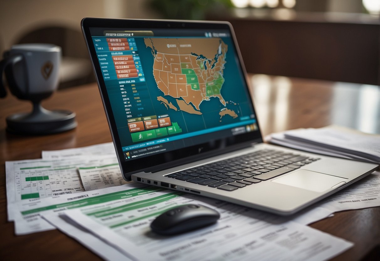 A computer screen displaying a sports betting website with a California map in the background, surrounded by legal documents and a regulation book