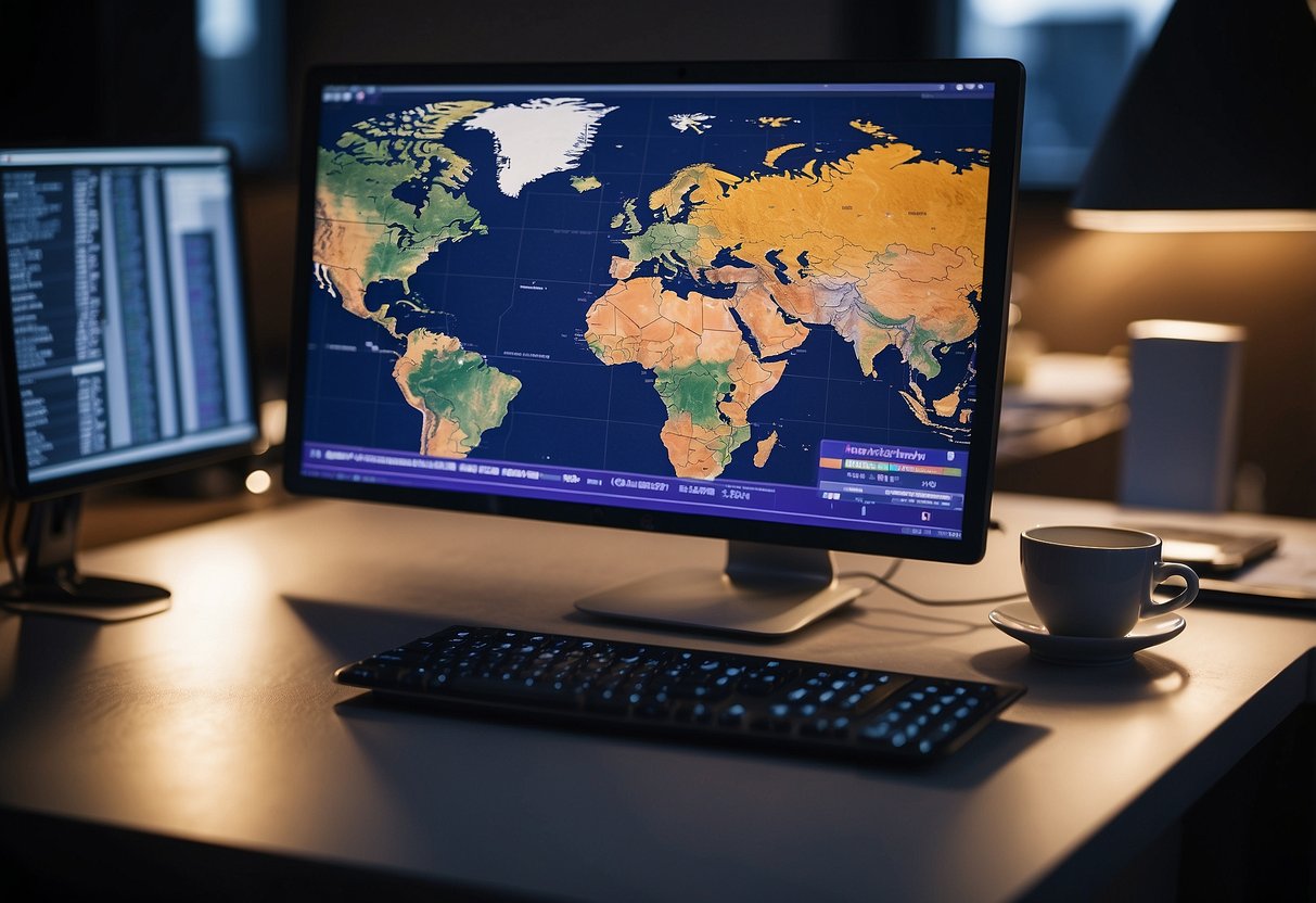 A computer screen displays CRWD stock performance on Yahoo Finance, with charts and graphs showing fluctuating trends