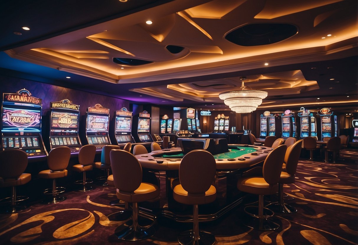 A vibrant online casino with live games, colorful graphics, and a sleek interface. Multiple game options and a lively atmosphere