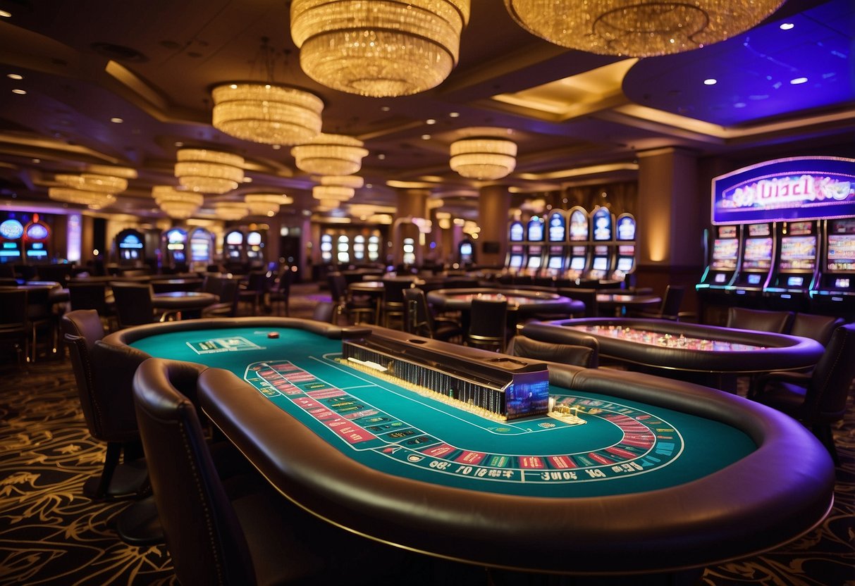 A vibrant casino floor with various games like slots, roulette, and poker tables, surrounded by flashing lights and excited players