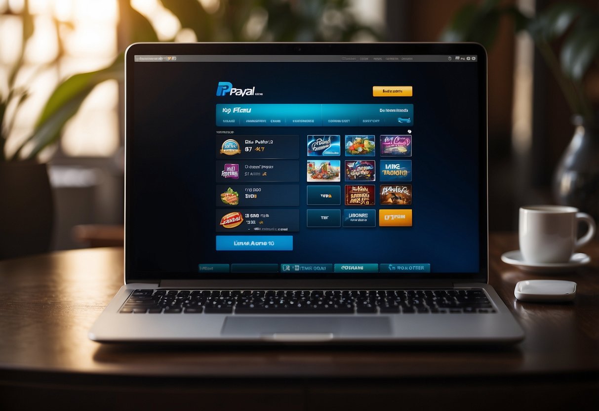A computer screen displaying the PayPal casino website with a user's account being created and managed, surrounded by virtual casino games and payment options