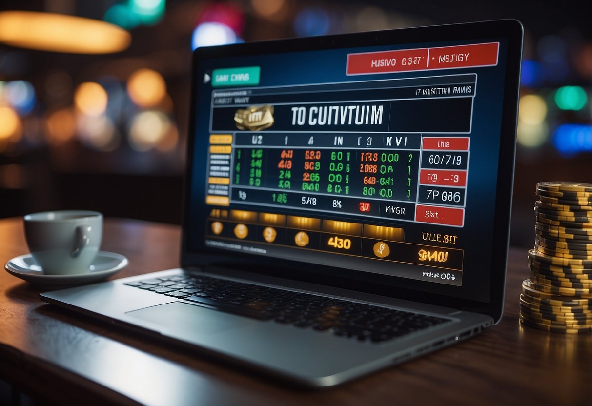 A digital clock displays a countdown as a stack of casino chips and a debit card sit next to a laptop with a successful withdrawal notification on the screen