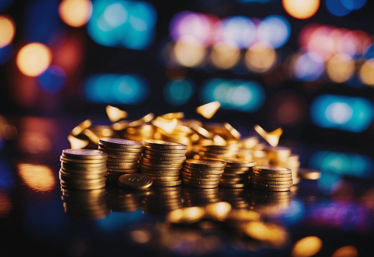 Brightly lit casino game screen with vibrant colors and flashing lights. Coins and chips scattered around. Excited players cheering and celebrating wins