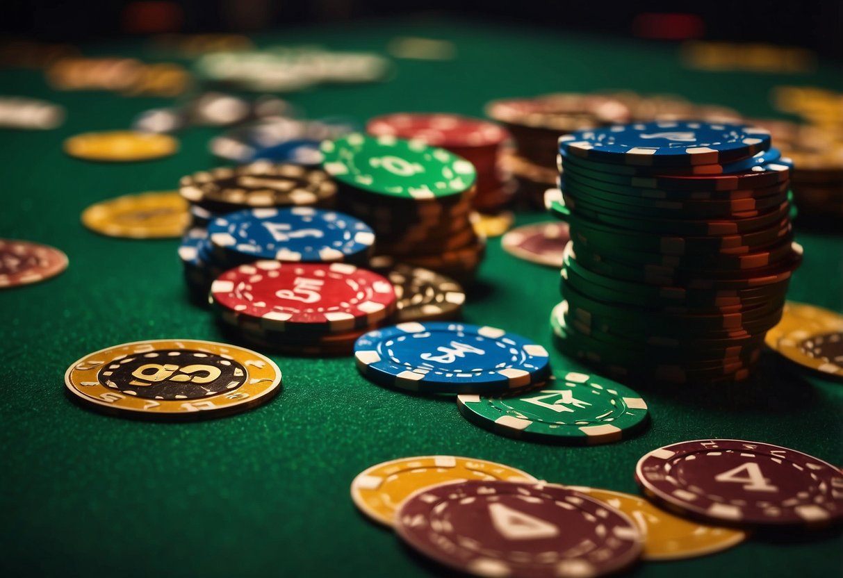 Colorful casino chips and cards on a green felt table, with a digital display showing "bonus ohne einzahlung" in bright letters