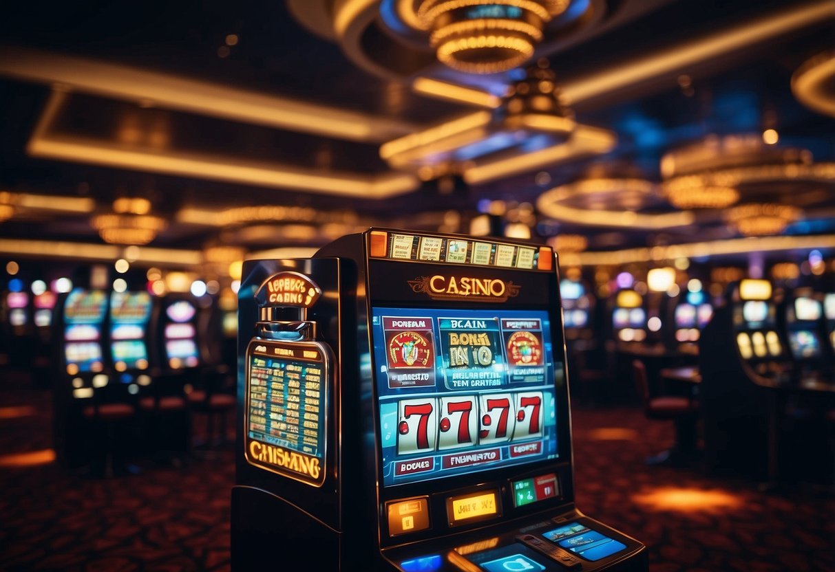 A virtual casino with a glowing "Bonus ohne Einzahlung" sign, surrounded by slot machines and a digital display of increasing jackpot amounts