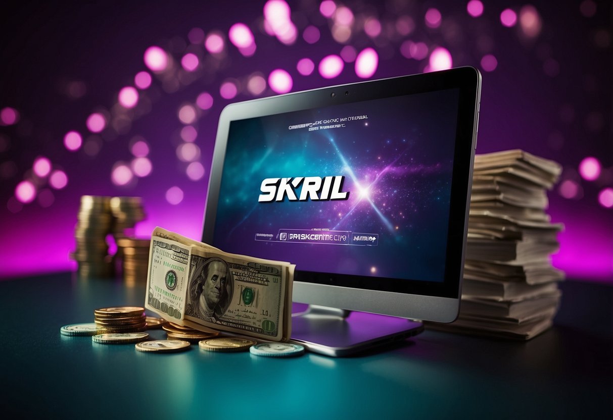 A computer screen displaying the Skrill logo with a casino background, money transferring between the two, and a secure lock icon