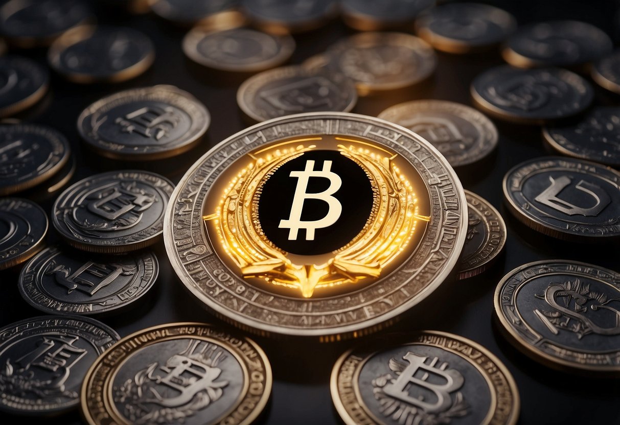 A glowing Solana emblem emerges from a digital sea of blockchain meme coins, illuminating the surrounding tokens with its vibrant energy