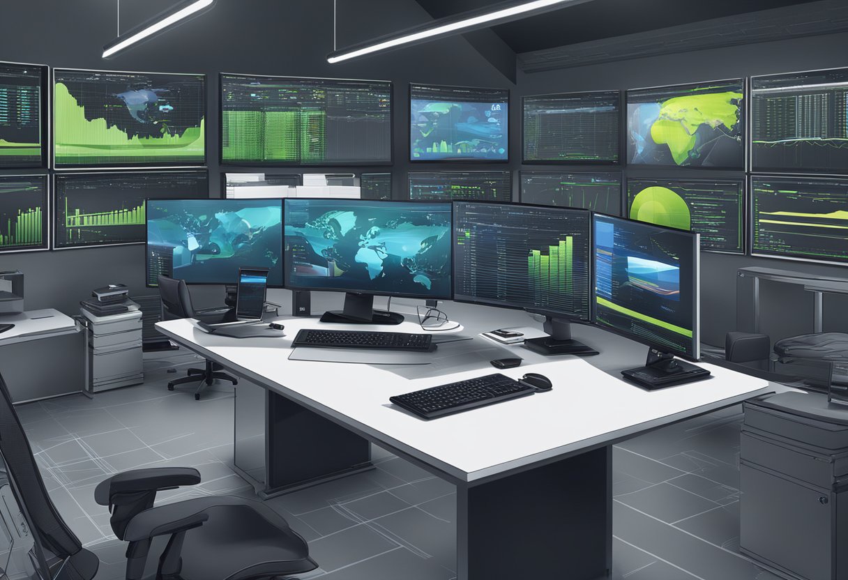 A modern office setting with computer monitors, graphics cards, and stock market data displayed on screens. The Nvidia logo is prominently featured in the background