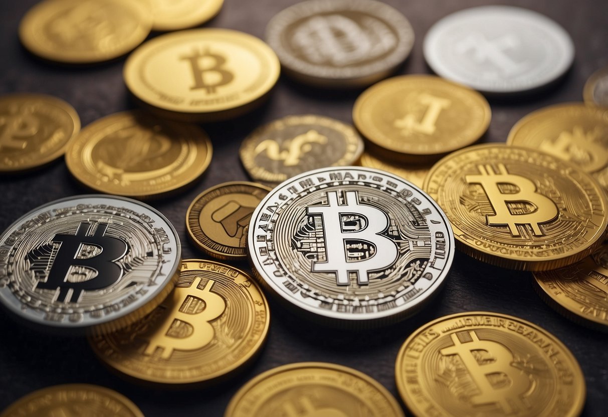 A group of meme coins, each with its own unique design and logo, swirling around a digital currency marketplace, symbolizing the growing popularity and utility of meme coins in the year 2025